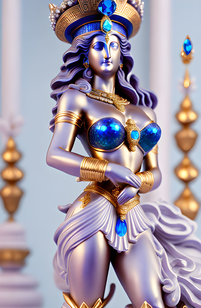 Detailed 3D illustration of female figure with blue skin, golden jewelry, regal attire, against