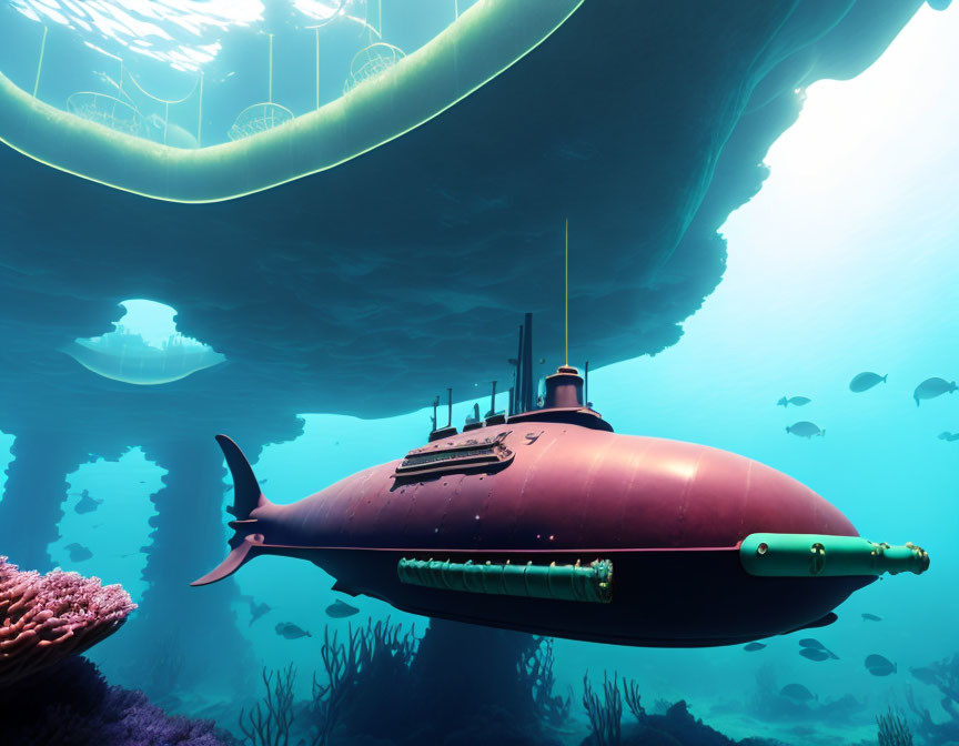 Futuristic submarine in alien underwater world with floating structures and exotic fish