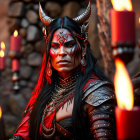 Person in fantasy warpaint and horned headpiece surrounded by candles.