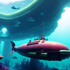 Futuristic submarine in alien underwater world with floating structures and exotic fish