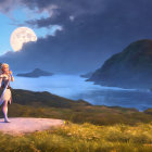 Female warrior in armor with spear in surreal landscape under multiple moons and glowing blue object