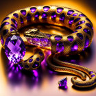 Luxurious golden snake bracelet with purple gemstones and amethyst on warm amber background