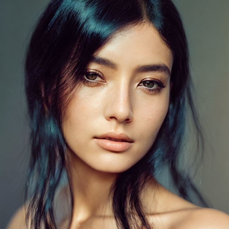 Close-Up Portrait of Woman with Teal-Tinted Hair and Striking Eyebrows