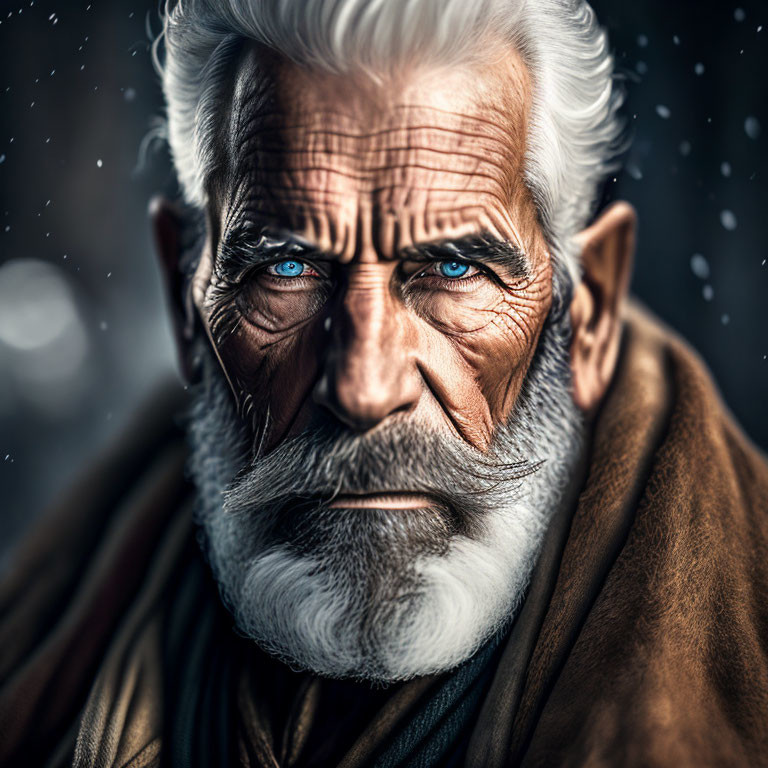 Detailed digital portrait of elderly man with blue eyes, white beard, and weathered skin.