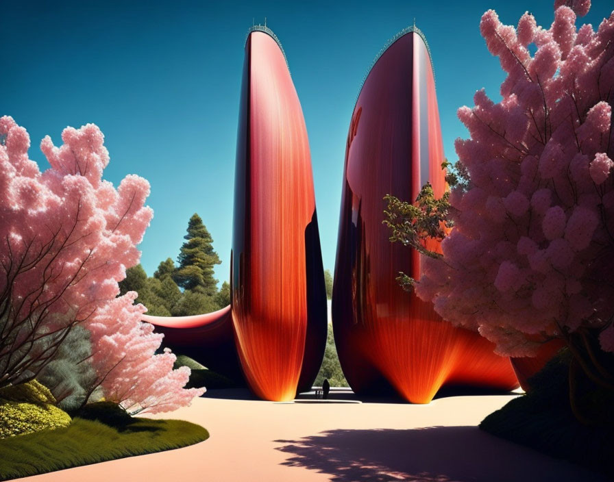 Futuristic red structures in tranquil garden with pink trees