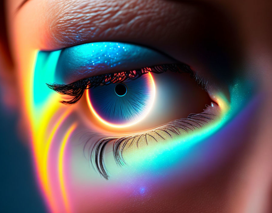 Detailed human eye with vibrant blue eyeshadow and rainbow reflections.