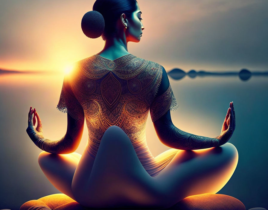 Meditating person with intricate back design at sunset by calm water