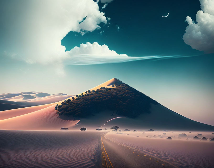 Surreal desert landscape with pyramid mountain, winding road, and crescent moon