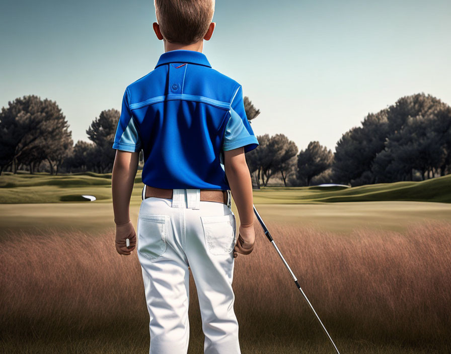 Young boy in blue polo shirt and white pants on golf course with club.