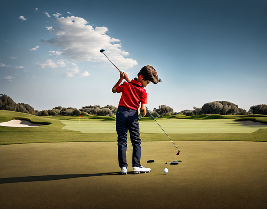 Young golfer in red shirt practices putting on green with sand bunker and trees.