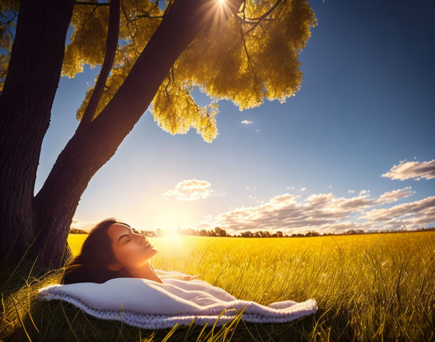 Person relaxing under tree in sunlit field with blanket