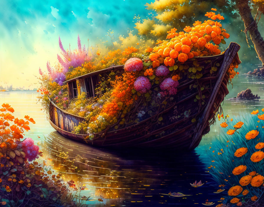 Old wooden boat filled with vibrant flowers on serene water at sunset