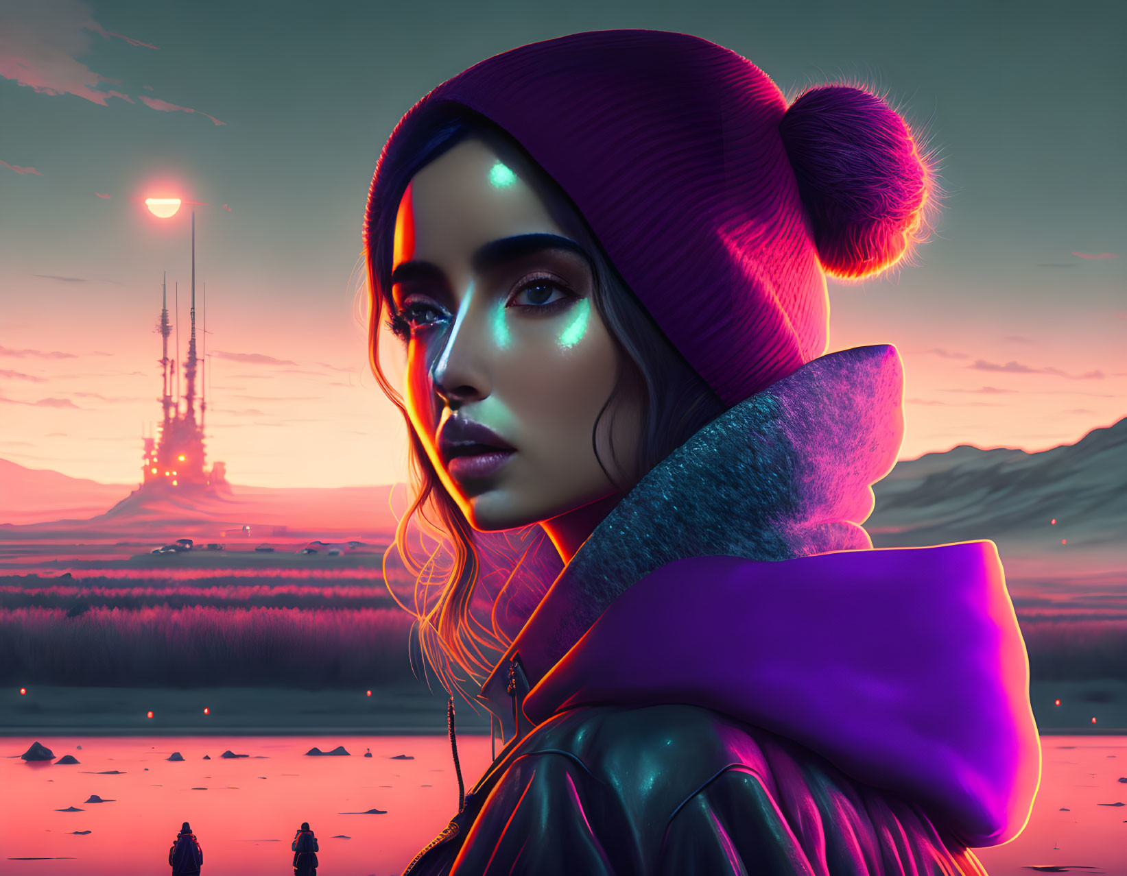 Digital artwork: Woman with glowing skin in purple beanie and jacket, futuristic tower and sunset.