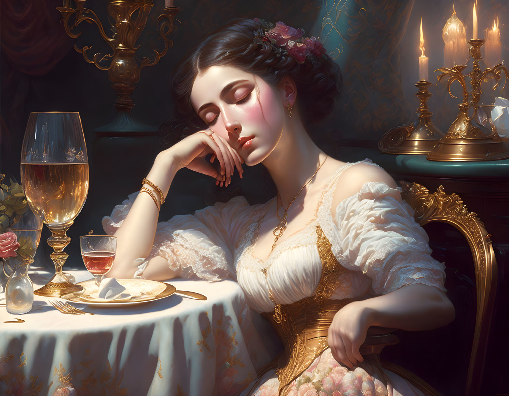 Vintage-dressed woman in serene pose with candlestick and wine glass.