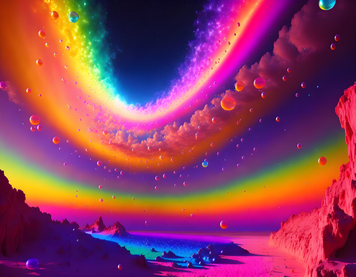 Colorful Cosmic Sky with Rainbow Aurora, Floating Bubbles, and Alien Landscape