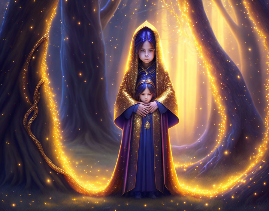 Animated children in enchanted forest with glowing trees and starry night cloak