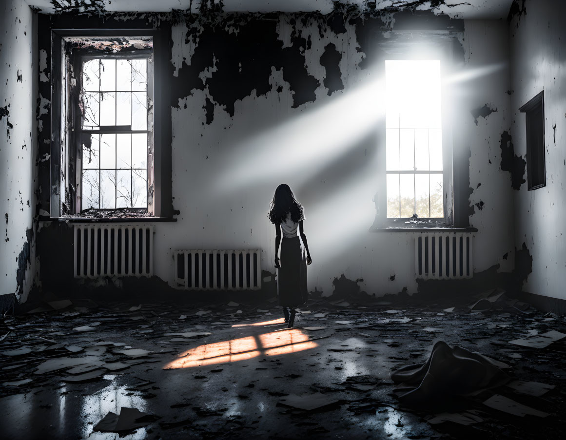 Solitary Figure in Dilapidated Room with Peeling Walls