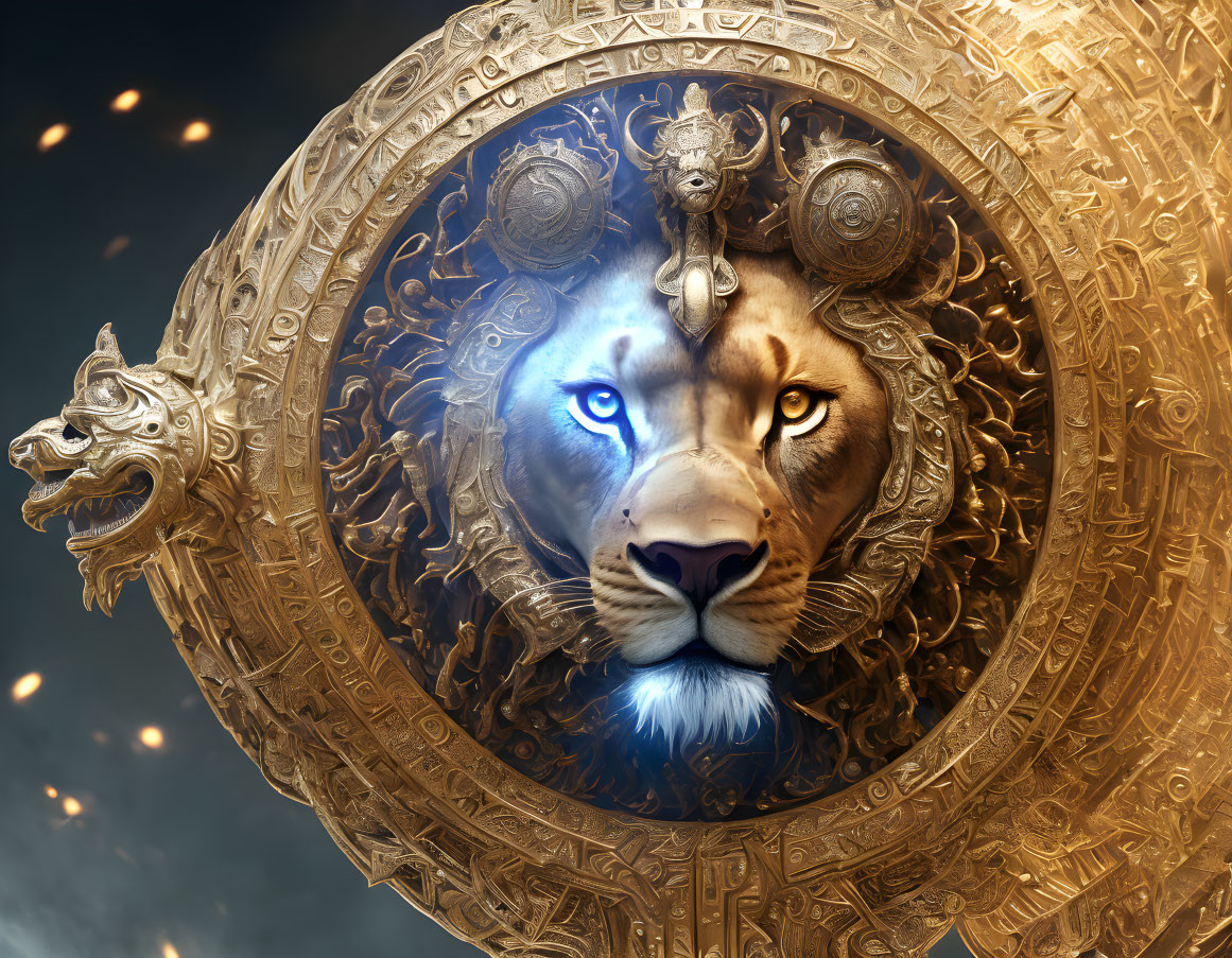 Majestic lion with glowing blue eyes in ornate circular frame