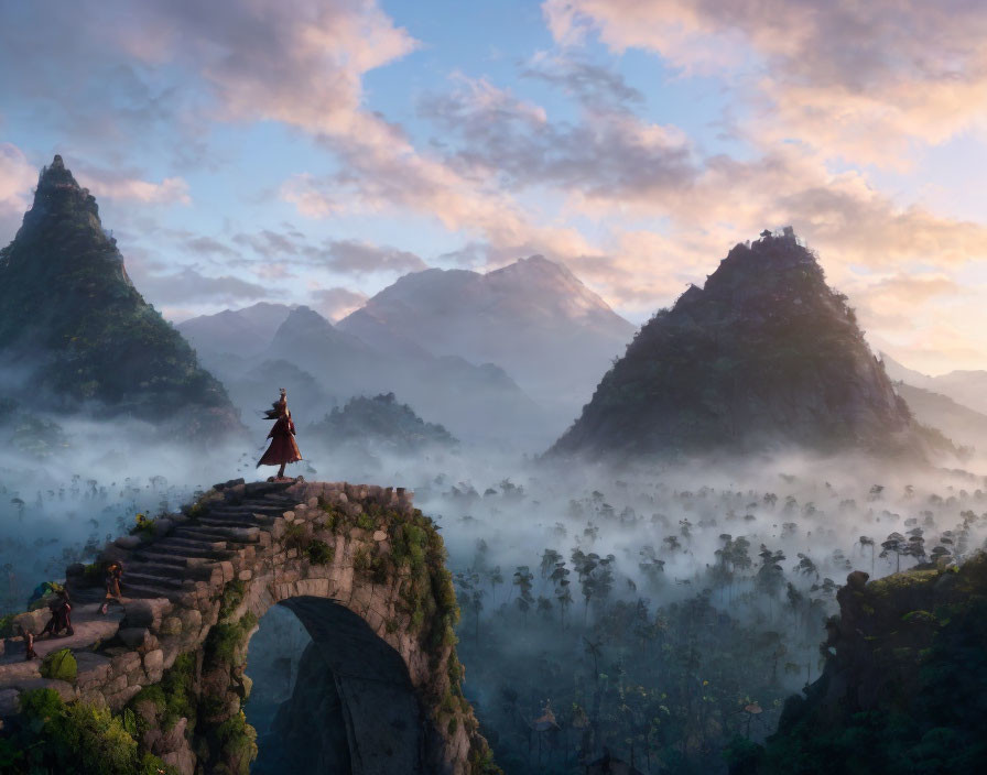 Person in red on ancient bridge in misty mountains at sunrise