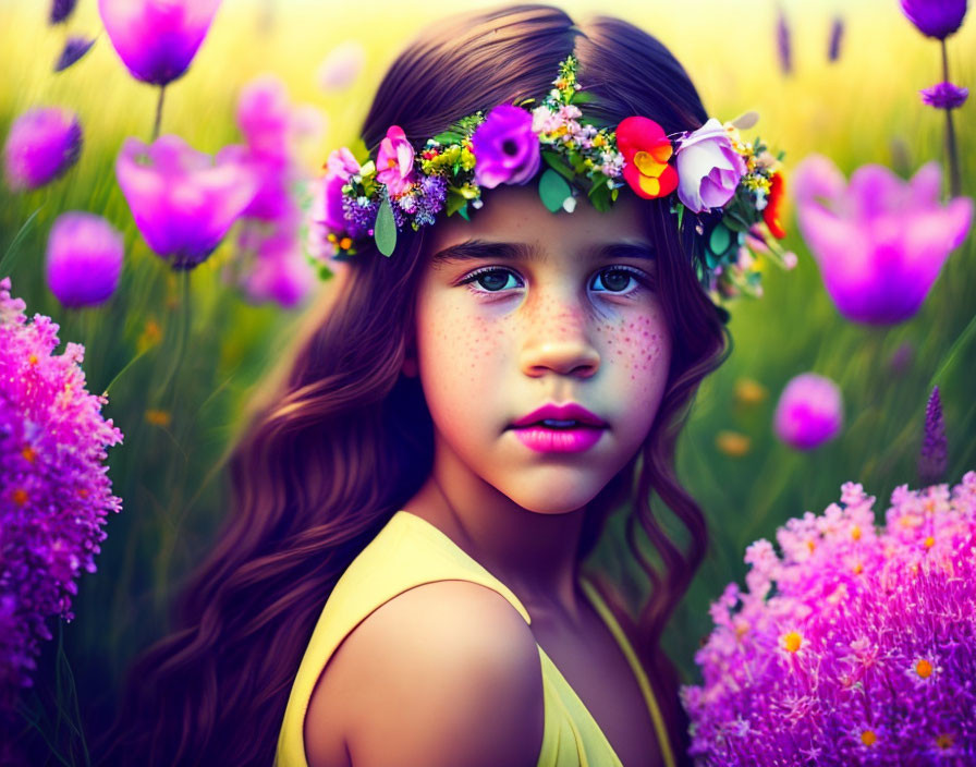 Young girl with floral wreath in serene nature setting surrounded by purple flowers