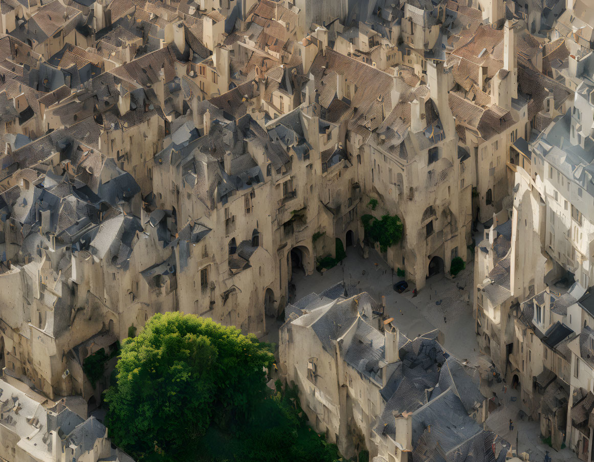 Historic town with dense buildings, narrow streets, and green tree in sunlight