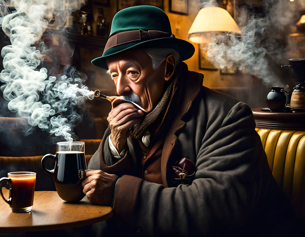 Elderly man in fedora and scarf enjoying hot beverage in vintage cafe