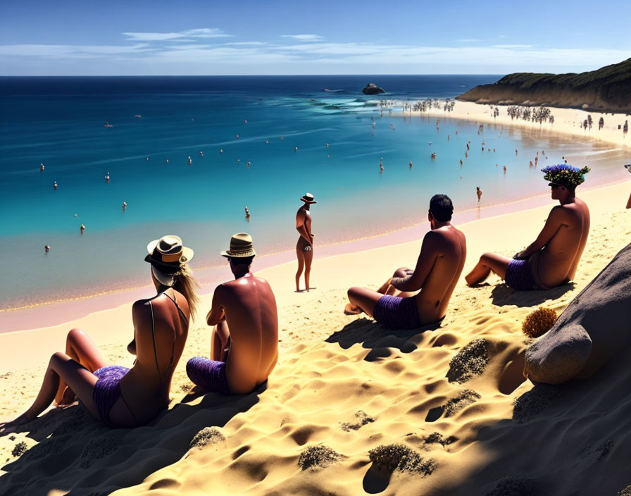 Group of people with hats on beach, watching swimmers under blue sky