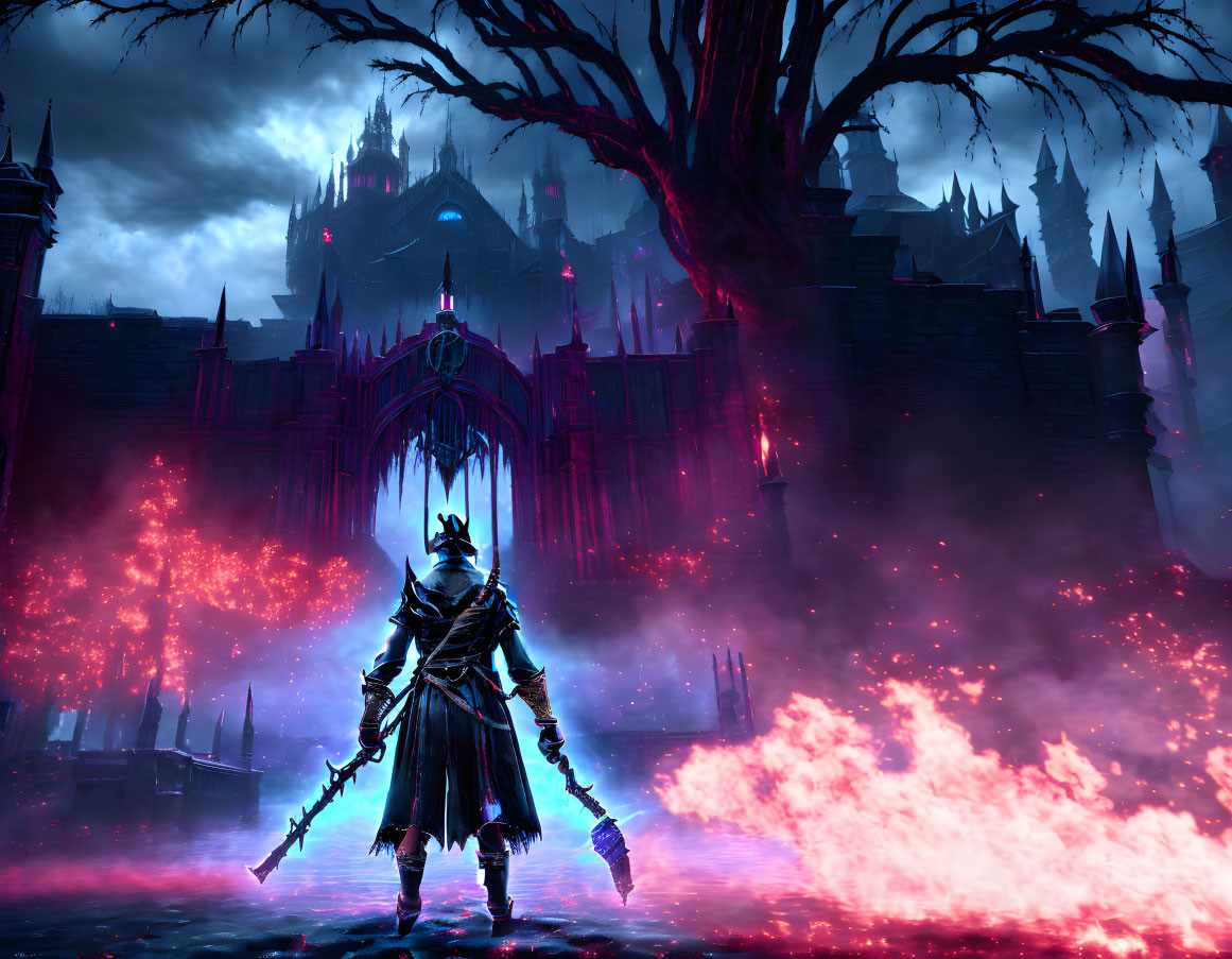 Cloaked Figure with Glowing Sword in Front of Dark Gothic Castle