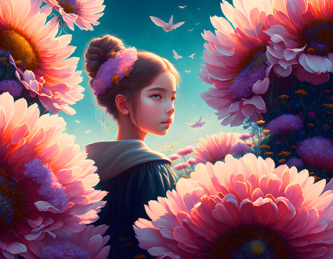 Girl Surrounded by Oversized Flowers and Butterflies in Warm Glow