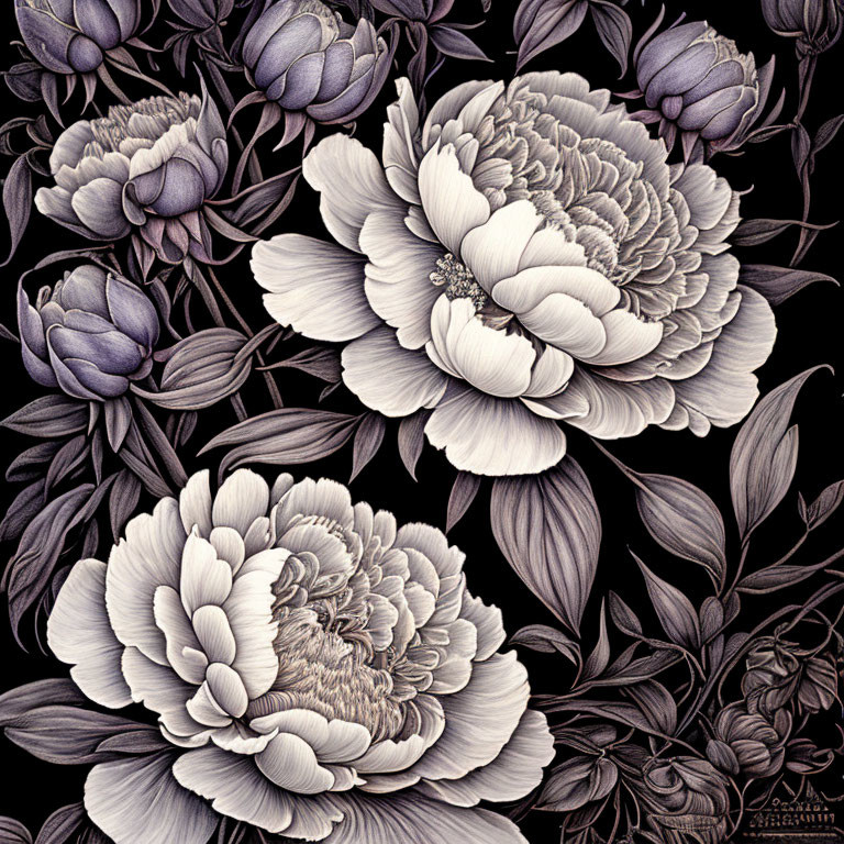 Detailed Monochrome Peonies Illustration on Dark Background