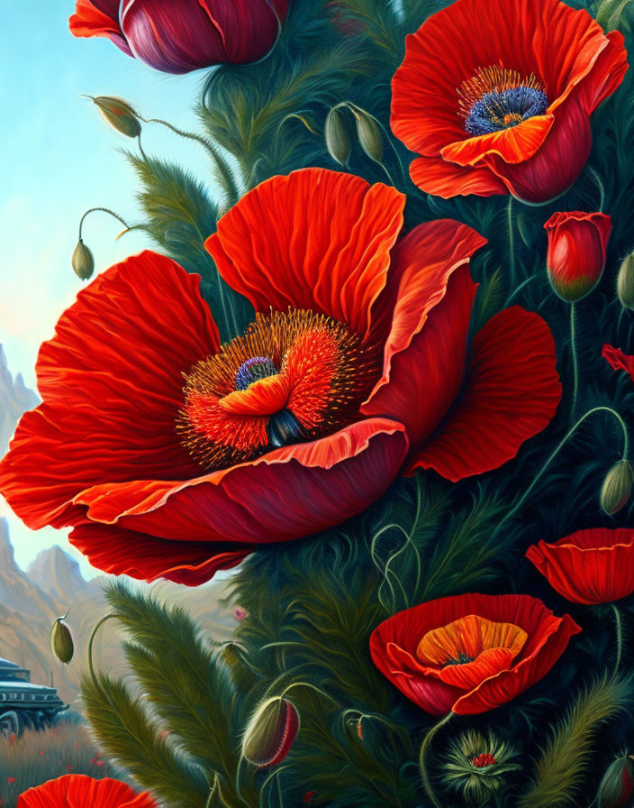 Detailed Red Poppies Against Mountain Backdrop