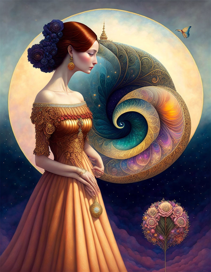 Stylized portrait of woman in ornate golden dress with galaxy backdrop