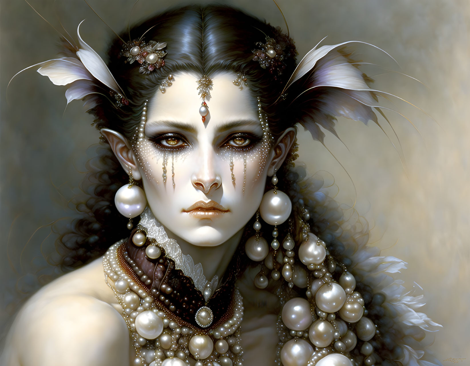 Female fantasy creature with pointed ears, pearl jewelry, and tribal-like facial markings