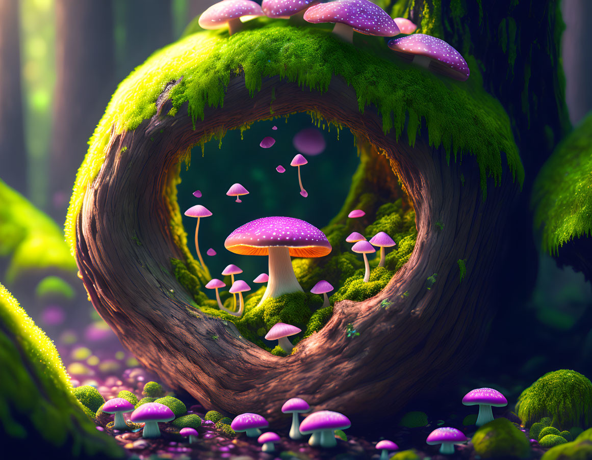 Enchanting forest scene with bioluminescent mushrooms in mossy log