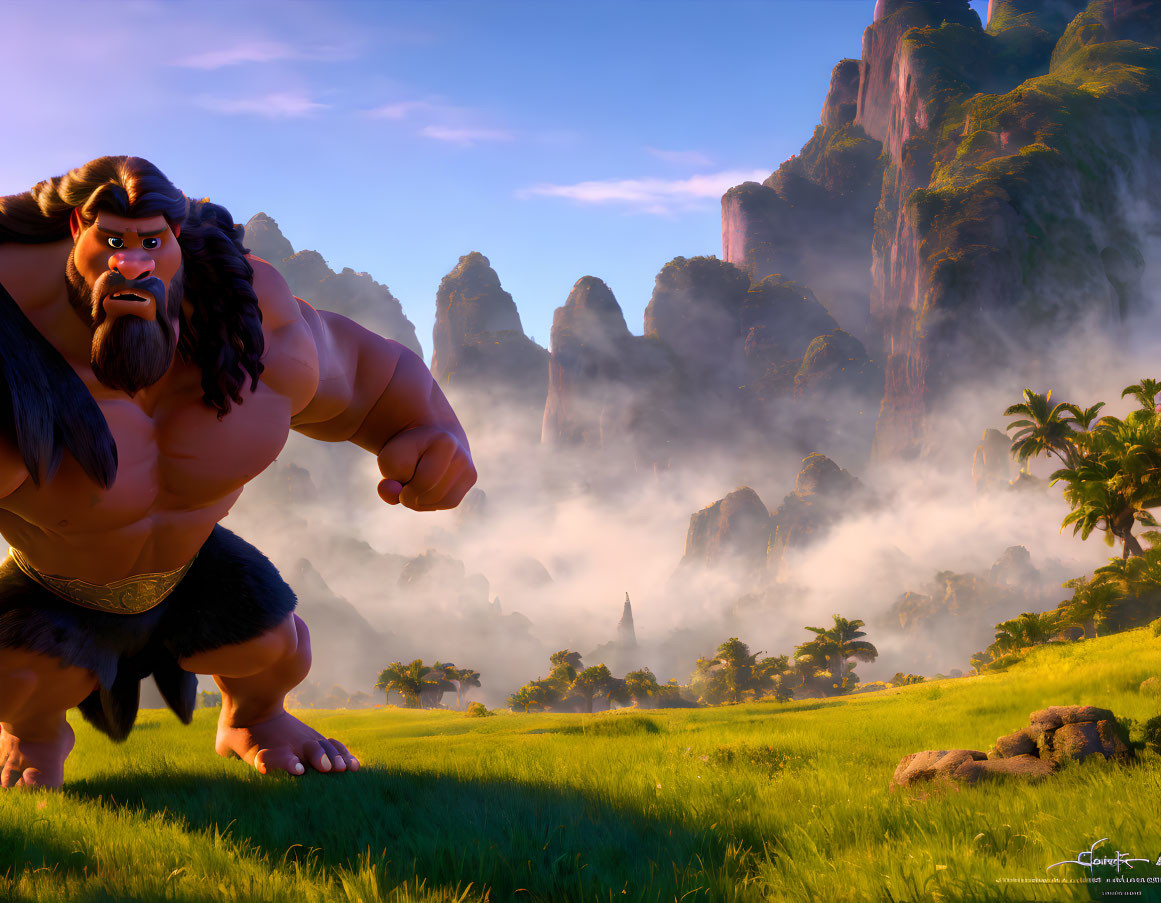 Muscular animated character in vibrant misty valley with rock formations