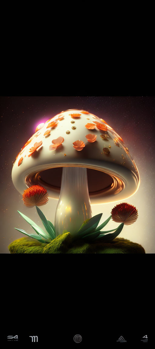 Fantastical oversized mushroom with glowing edges on dark starry background