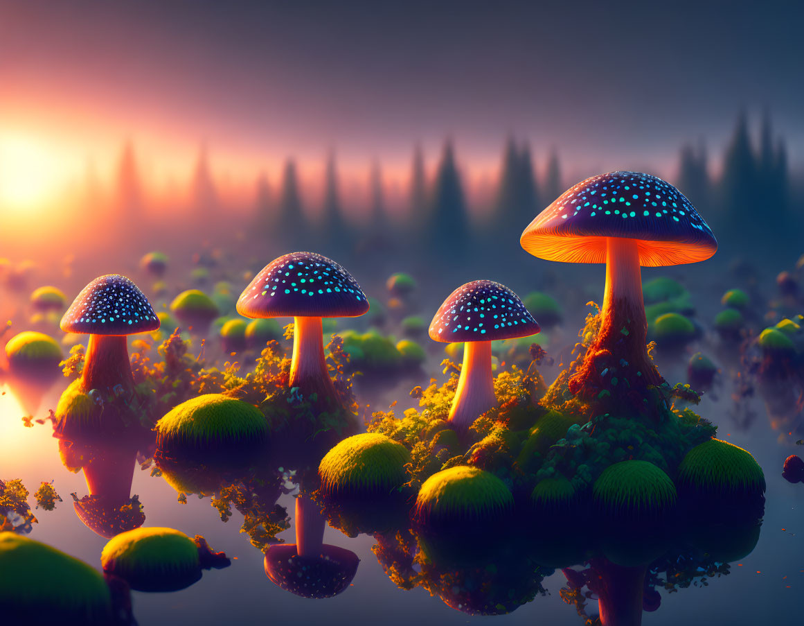 Bioluminescent mushrooms in misty fantasy landscape