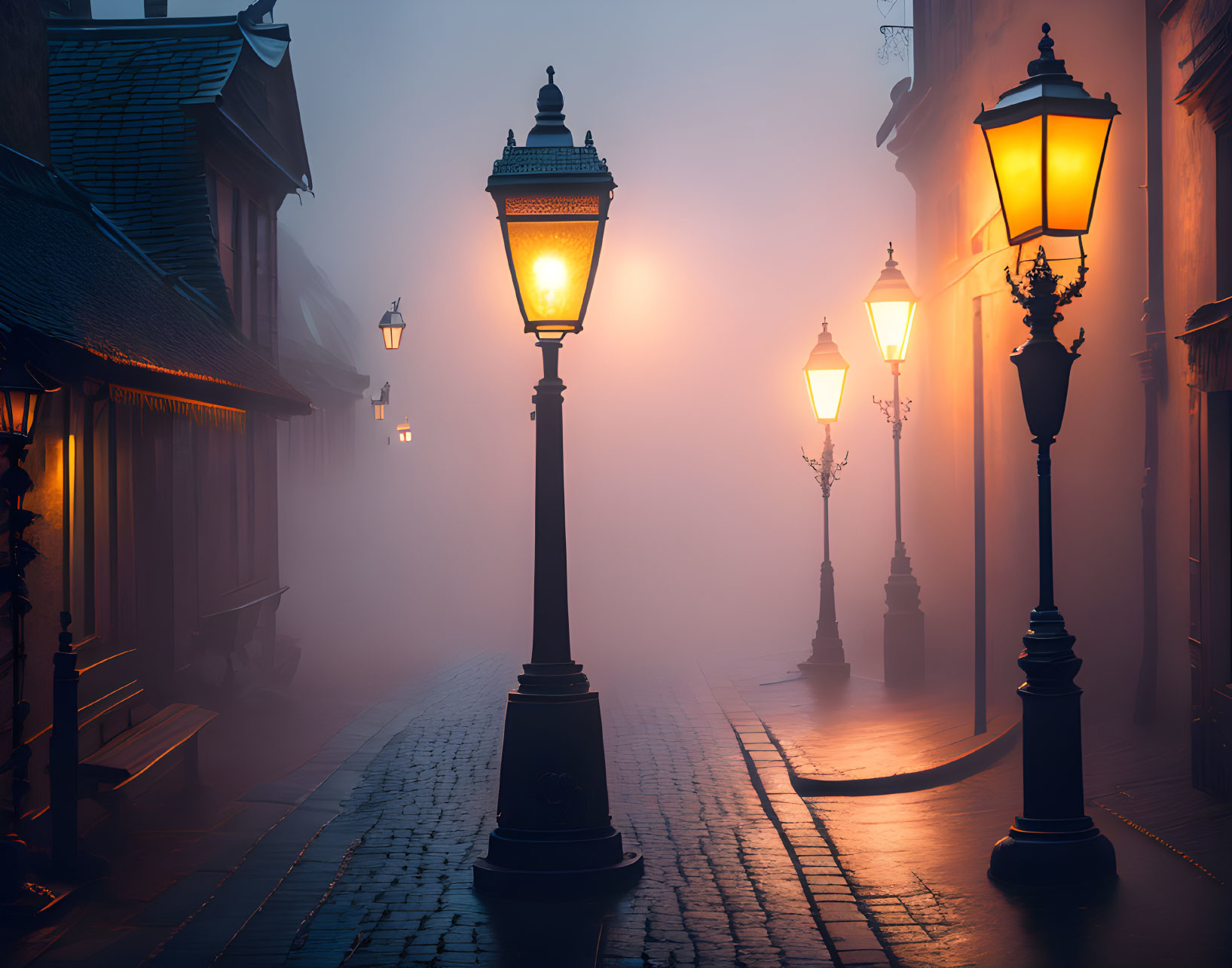 Vintage street lamps illuminate foggy cobblestone street at night