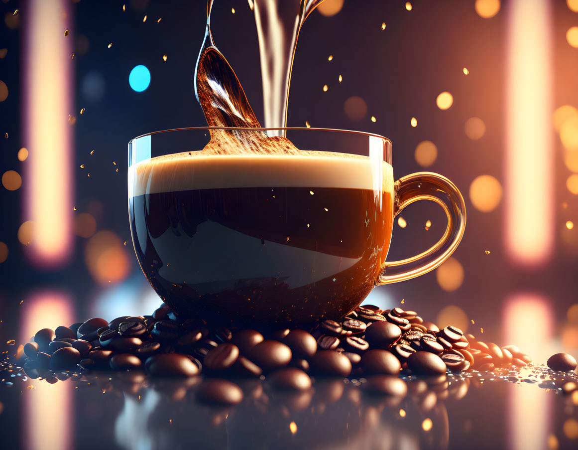 Clear Mug with Pouring Coffee Over Beans and Bokeh Background