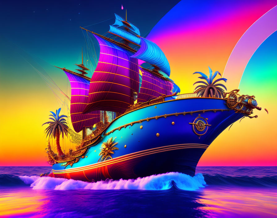 Colorful Ship Sailing on Neon Sea at Sunset