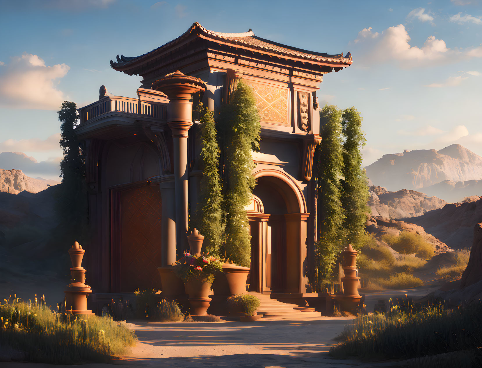 Classical architecture pavilion with ivy, mountains backdrop at sunset