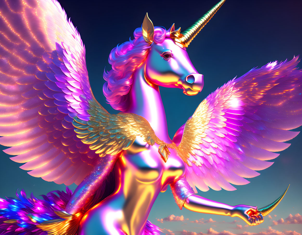 Colorful Winged Unicorn Illustration with Golden Accents and Multicolored Mane