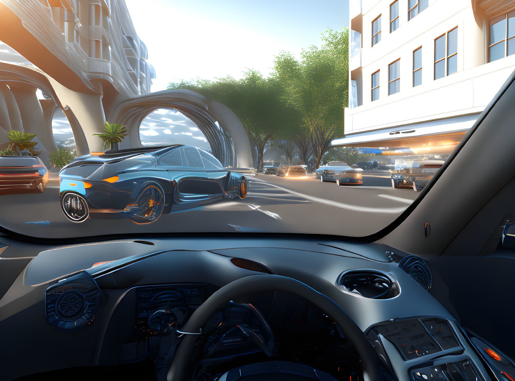 Futuristic cityscape with sleek vehicles and modern architecture seen from car's interior