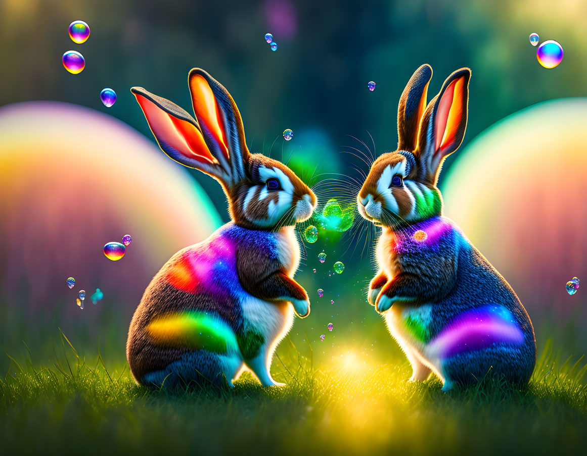 Colorful rabbits with exaggerated ears in dreamy grassy scene.