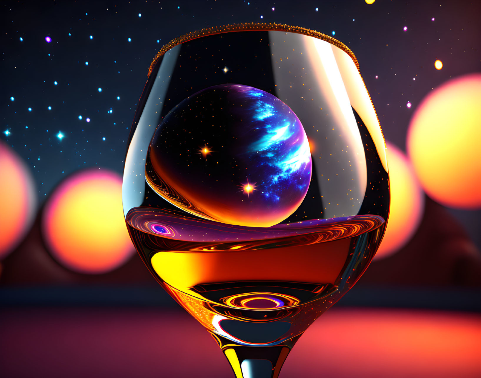 Surreal Image of Wine Glass with Galaxy Swirls in Outer Space