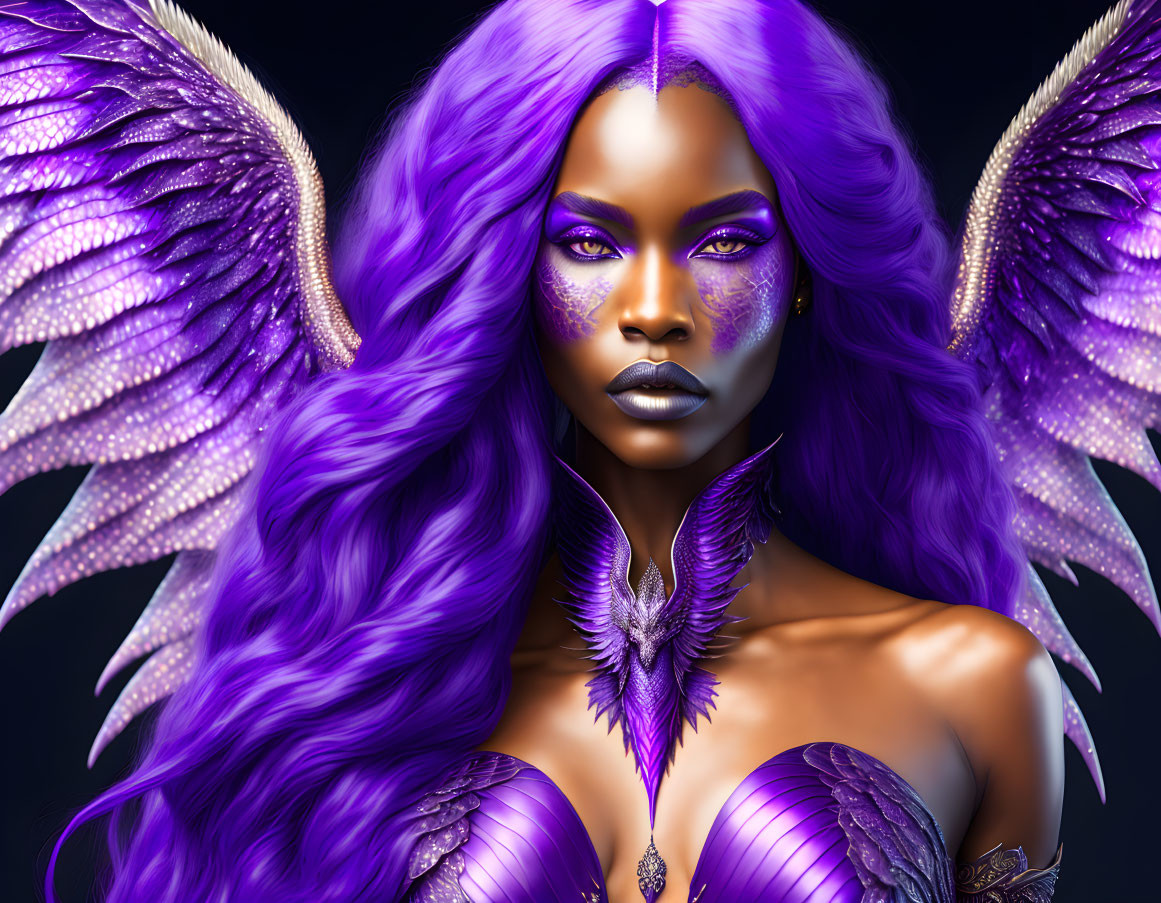 Mythical woman with purple skin and glittering wings on dark background