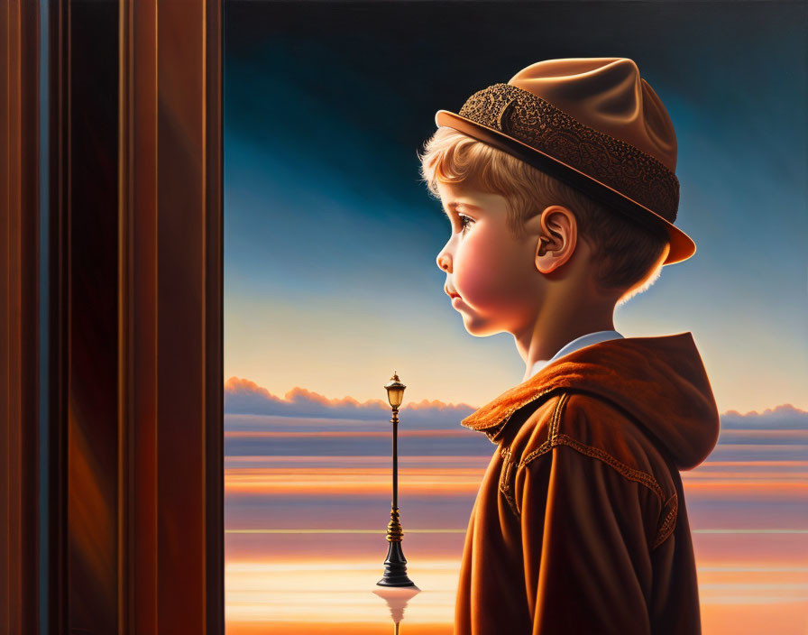 Young boy in hat and coat gazes at sunset by ocean with clouds, lamp post nearby.