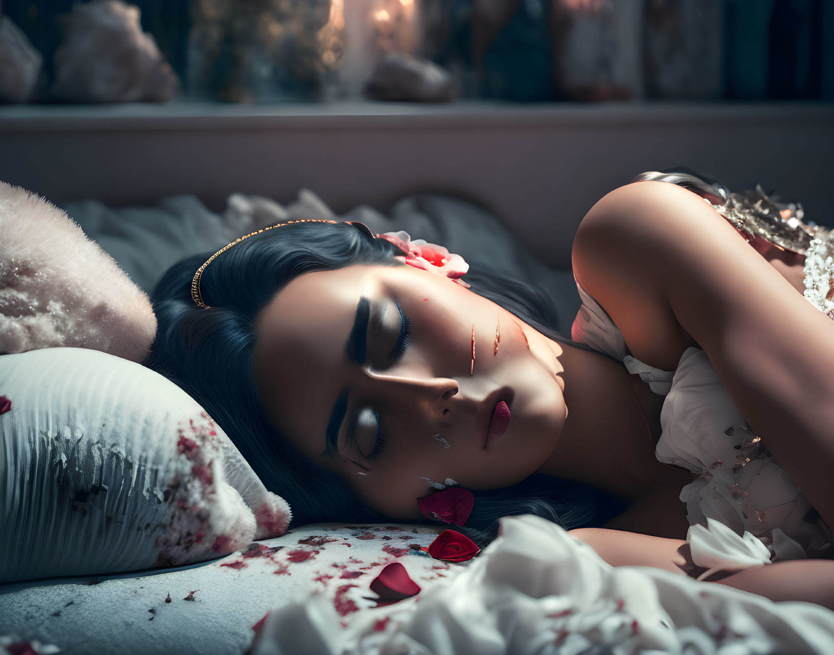 Woman in Sleeping Beauty attire surrounded by rose petals and toys.