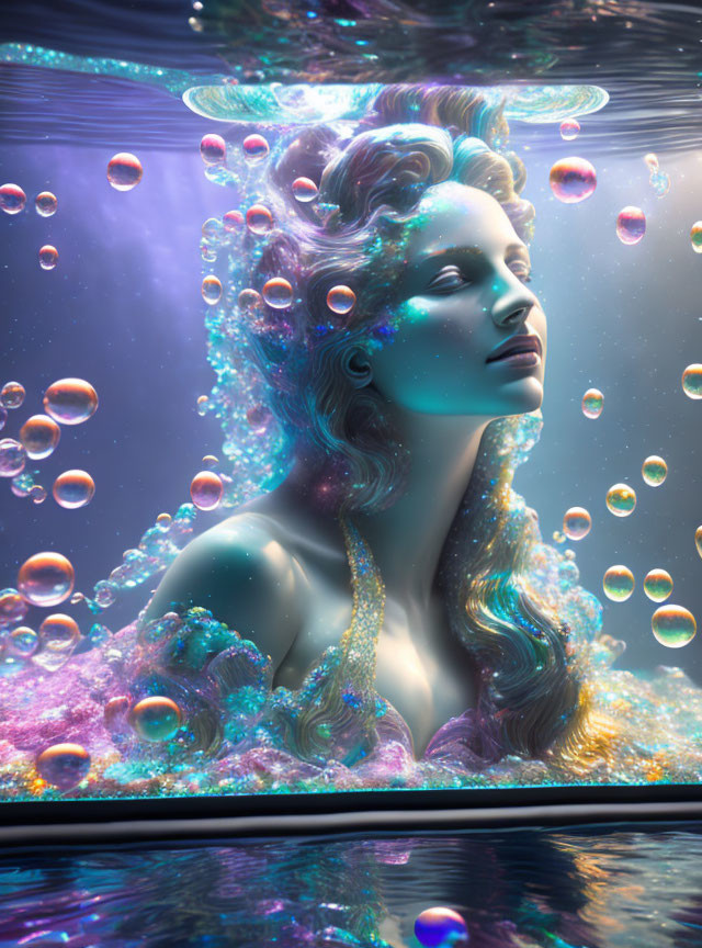 Woman submerged in water with iridescent bubbles and aquatic elements blending into hair.