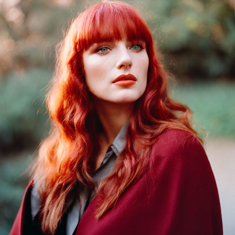 Red-haired woman in red coat and grey shirt gazes thoughtfully, nature background.